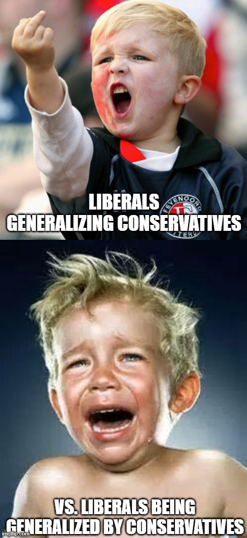 LIBERALS GENERALIZING CONSERVATIVES; VS. LIBERALS BEING GENERALIZED BY CONSERVATIVES | image tagged in little boy flipping the bird,little boy crying | made w/ Imgflip meme maker