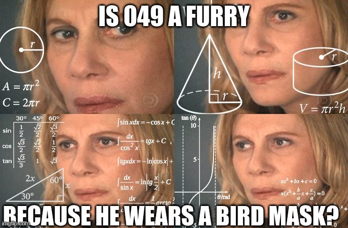 Hmmmmmm | IS 049 A FURRY; BECAUSE HE WEARS A BIRD MASK? | image tagged in calculating meme | made w/ Imgflip meme maker