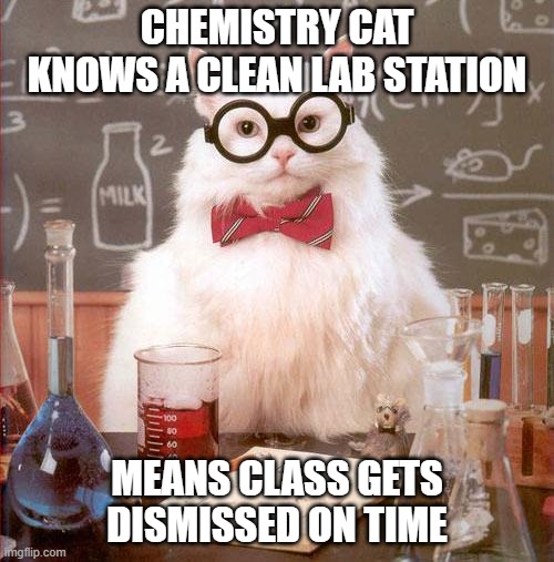 Cat Science | CHEMISTRY CAT KNOWS A CLEAN LAB STATION; MEANS CLASS GETS DISMISSED ON TIME | image tagged in cat science | made w/ Imgflip meme maker