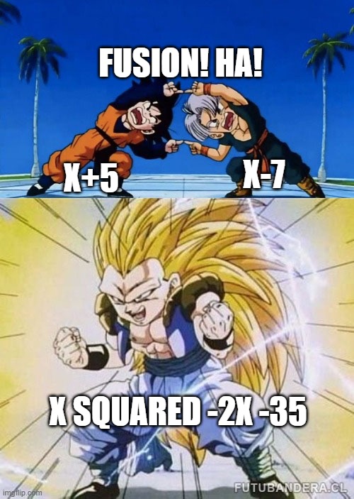 DBZ FUSION | FUSION! HA! X-7; X+5; X SQUARED -2X -35 | image tagged in dbz fusion | made w/ Imgflip meme maker