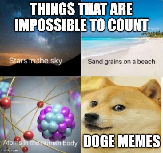 Doge | THINGS THAT ARE IMPOSSIBLE TO COUNT; DOGE MEMES | image tagged in impossible things to count | made w/ Imgflip meme maker