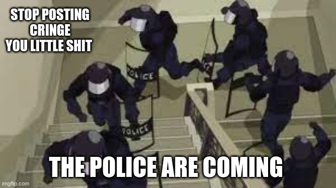 Pov You posted cringe: | STOP POSTING CRINGE YOU LITTLE SHIT; THE POLICE ARE COMING | image tagged in oh wow are you actually reading these tags,memes,shit post | made w/ Imgflip meme maker