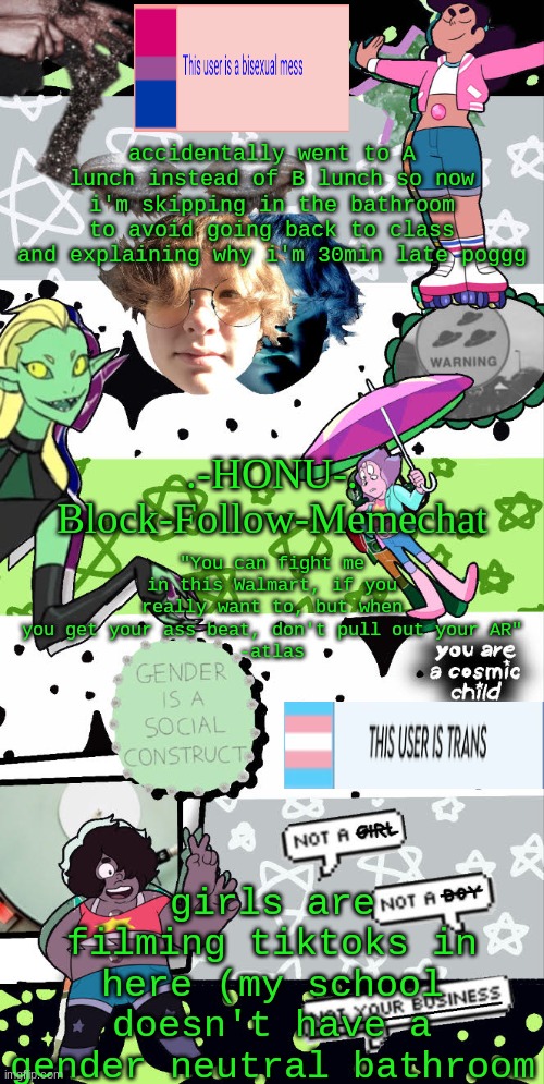 honu's agender temp | accidentally went to A lunch instead of B lunch so now i'm skipping in the bathroom to avoid going back to class and explaining why i'm 30min late poggg; girls are filming tiktoks in here (my school doesn't have a gender neutral bathroom | image tagged in honu's agender temp | made w/ Imgflip meme maker