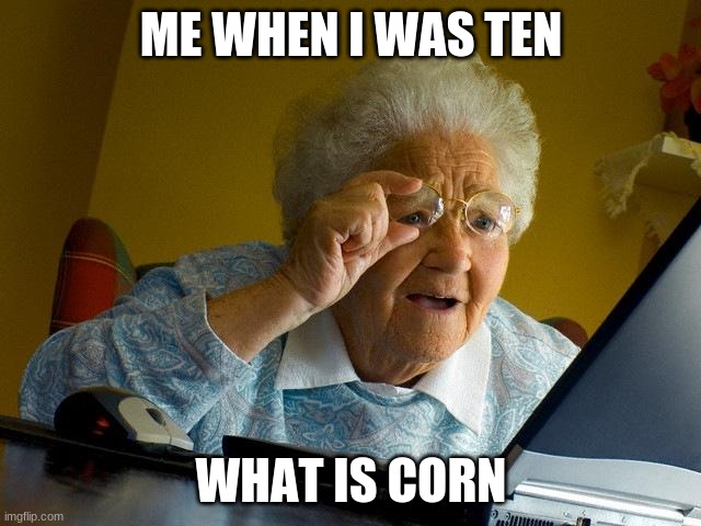 Grandma Finds The Internet | ME WHEN I WAS TEN; WHAT IS CORN | image tagged in memes,grandma finds the internet | made w/ Imgflip meme maker