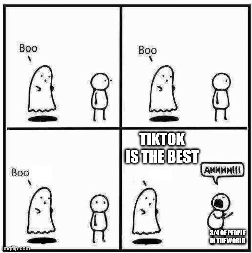 Ghost Boo | TIKTOK IS THE BEST; 3/4 OF PEOPLE IN THE WORLD | image tagged in ghost boo | made w/ Imgflip meme maker