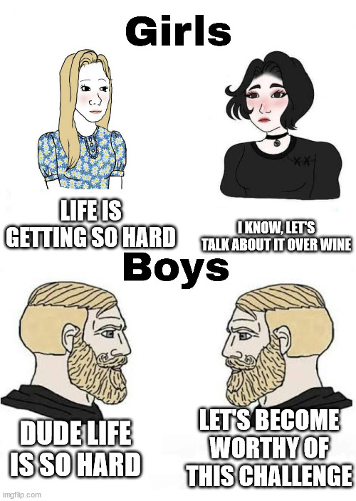 Guys Seeing Struggles | LIFE IS GETTING SO HARD; I KNOW, LET'S TALK ABOUT IT OVER WINE; LET'S BECOME WORTHY OF THIS CHALLENGE; DUDE LIFE IS SO HARD | image tagged in girls vs boys | made w/ Imgflip meme maker