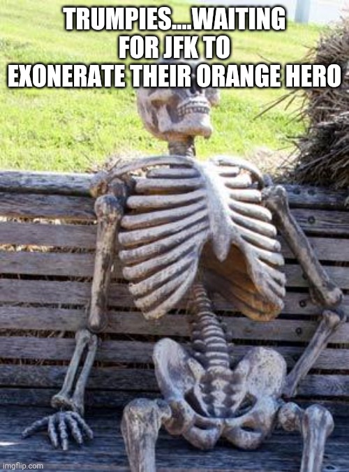 Trumpidiots | TRUMPIES....WAITING FOR JFK TO EXONERATE THEIR ORANGE HERO | image tagged in memes,waiting skeleton | made w/ Imgflip meme maker