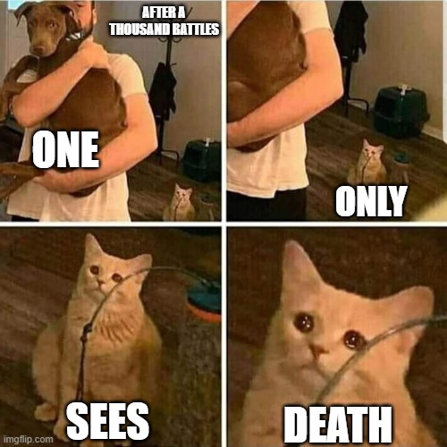 Sad Cat Holding Dog | AFTER A THOUSAND BATTLES; ONE; ONLY; SEES; DEATH | image tagged in sad cat holding dog | made w/ Imgflip meme maker