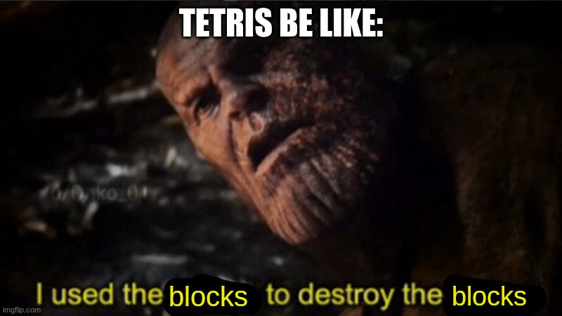 tetris be like | TETRIS BE LIKE:; blocks; blocks | image tagged in thanos i used the stones to destroy the stones | made w/ Imgflip meme maker