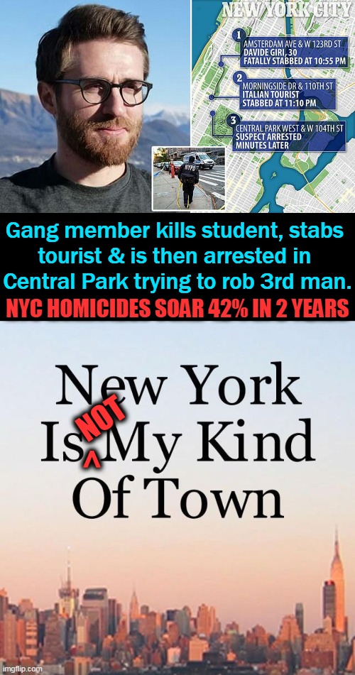 How's That Working For You, D E M O C R A T S ? | Gang member kills student, stabs 
tourist & is then arrested in 
Central Park trying to rob 3rd man. NYC HOMICIDES SOAR 42% IN 2 YEARS; >; NOT | image tagged in politics,democratic socialism,criminals,crime,new york,insanity | made w/ Imgflip meme maker
