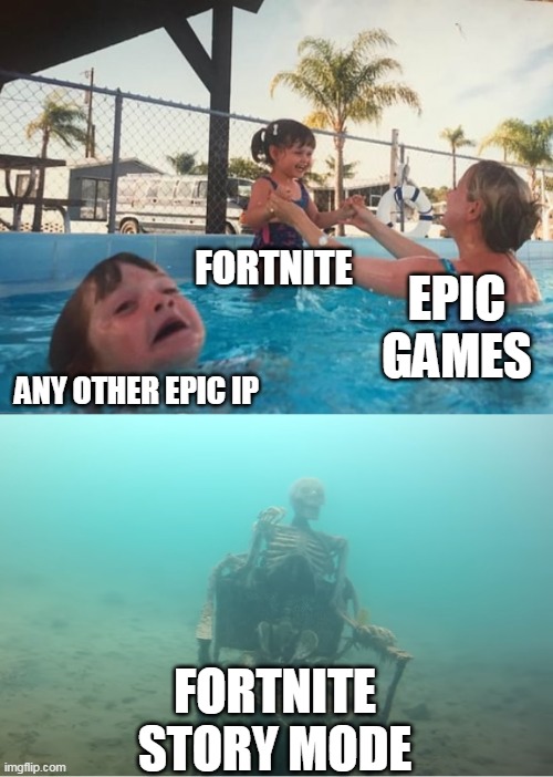 ANY OTHER EPIC IP FORTNITE EPIC GAMES FORTNITE STORY MODE | image tagged in swimming pool kids | made w/ Imgflip meme maker