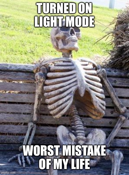 Mode of light | TURNED ON LIGHT MODE; WORST MISTAKE OF MY LIFE | image tagged in memes,waiting skeleton | made w/ Imgflip meme maker