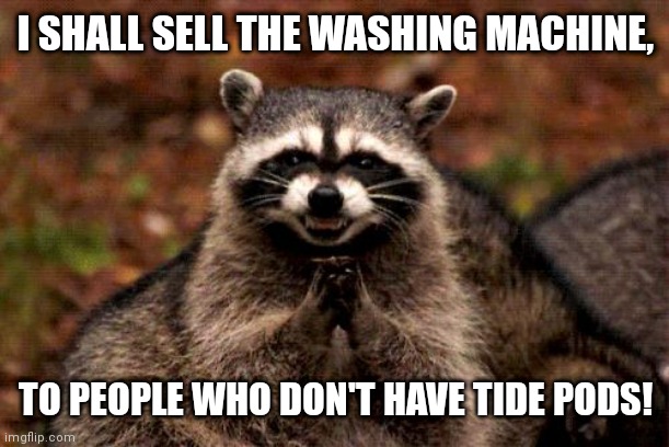 Evil Plotting Raccoon Meme | I SHALL SELL THE WASHING MACHINE, TO PEOPLE WHO DON'T HAVE TIDE PODS! | image tagged in memes,evil plotting raccoon | made w/ Imgflip meme maker