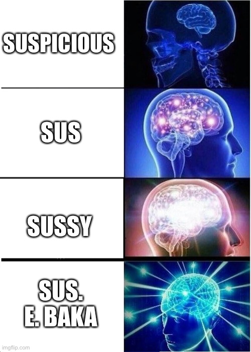 Daily relatable memes #69 | SUSPICIOUS; SUS; SUSSY; SUS. E. BAKA | image tagged in memes,expanding brain | made w/ Imgflip meme maker