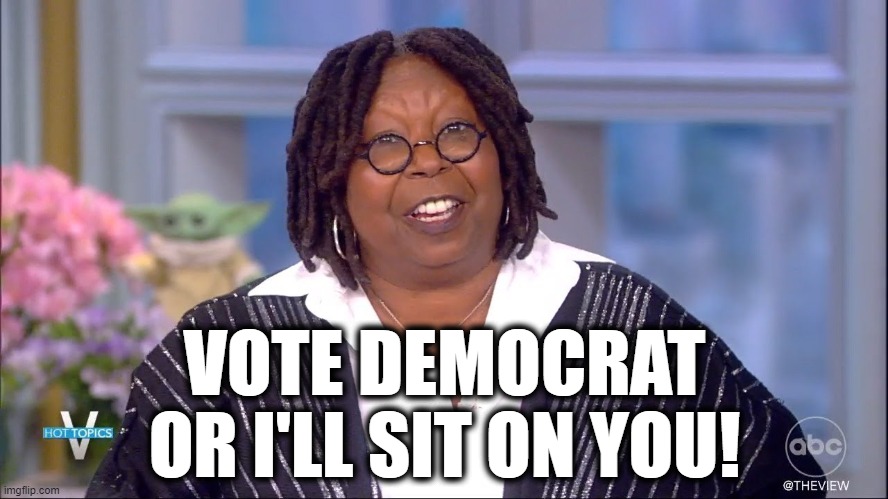 Get her back in the water! | VOTE DEMOCRAT
OR I'LL SIT ON YOU! | image tagged in whoopi goldberg,whale,memes,racist slob | made w/ Imgflip meme maker