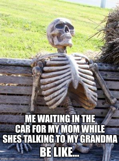 waiting | ME WAITING IN THE CAR FOR MY MOM WHILE SHES TALKING TO MY GRANDMA; BE LIKE... | image tagged in memes,waiting skeleton | made w/ Imgflip meme maker