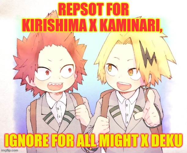 REPOST, DAMMIT | REPSOT FOR KIRISHIMA X KAMINARI, IGNORE FOR ALL MIGHT X DEKU | image tagged in kirishima x kaminari | made w/ Imgflip meme maker