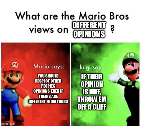 luigi be spittin fax doe | DIFFERENT OPINIONS; YOU SHOULD RESPECT OTHER PEOPLES OPINIONS, EVEN IF THEIRS ARE DIFFERENT FROM YOURS; IF THEIR OPINION IS DIFF, THROW EM OFF A CLIFF | image tagged in mario bros views | made w/ Imgflip meme maker