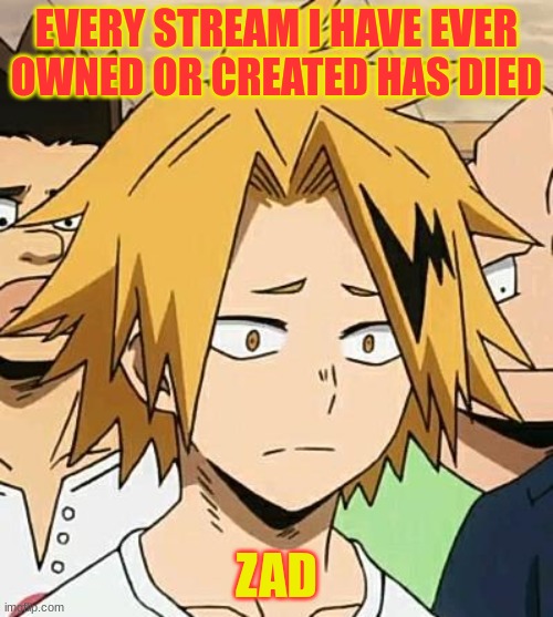 Zad | EVERY STREAM I HAVE EVER OWNED OR CREATED HAS DIED; ZAD | image tagged in zad denki | made w/ Imgflip meme maker