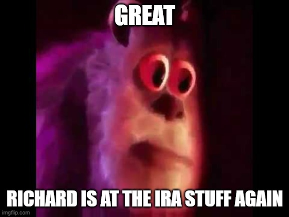 Here we go again. I am just gonna mark them as NSFW to please both parties | GREAT; RICHARD IS AT THE IRA STUFF AGAIN | image tagged in sully groan | made w/ Imgflip meme maker