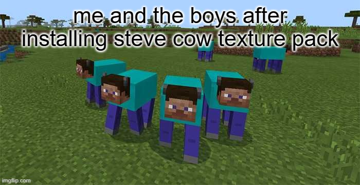 minecraft steve cow texture pack | me and the boys after installing steve cow texture pack | image tagged in me and the boys | made w/ Imgflip meme maker