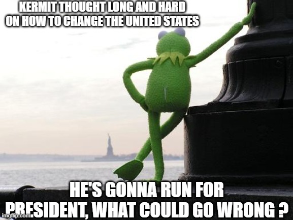 Kermit for President | KERMIT THOUGHT LONG AND HARD ON HOW TO CHANGE THE UNITED STATES; HE'S GONNA RUN FOR PRESIDENT, WHAT COULD GO WRONG ? | image tagged in kermit back,presidential race,feeling froggy,humor,funny memes,the man | made w/ Imgflip meme maker