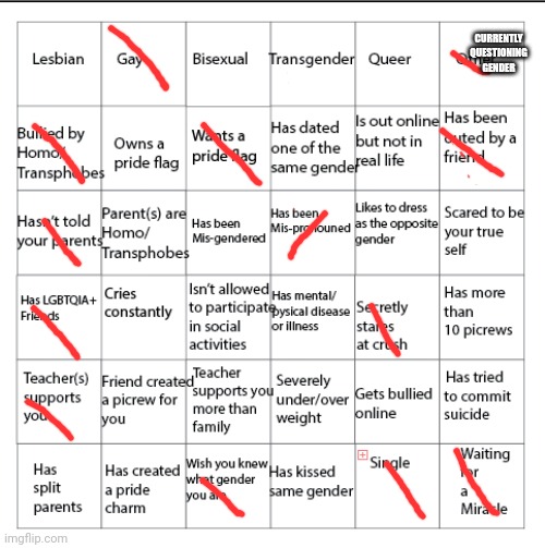 LGBTQIA+ Bingo!! | CURRENTLY QUESTIONING GENDER | image tagged in lgbtqia bingo | made w/ Imgflip meme maker