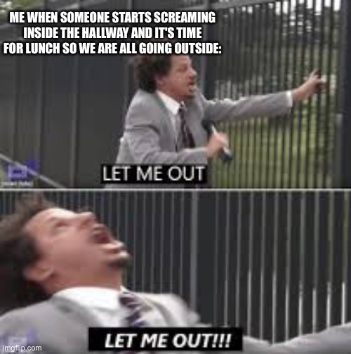 Please help me | ME WHEN SOMEONE STARTS SCREAMING INSIDE THE HALLWAY AND IT'S TIME FOR LUNCH SO WE ARE ALL GOING OUTSIDE: | image tagged in let me out,screaming,i hate it,i hate screaming | made w/ Imgflip meme maker