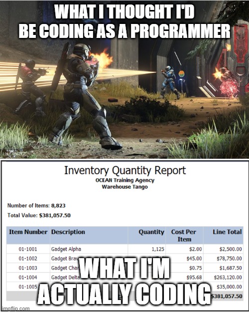 Programmer Life | WHAT I THOUGHT I'D BE CODING AS A PROGRAMMER; WHAT I'M ACTUALLY CODING | image tagged in programming,coding | made w/ Imgflip meme maker