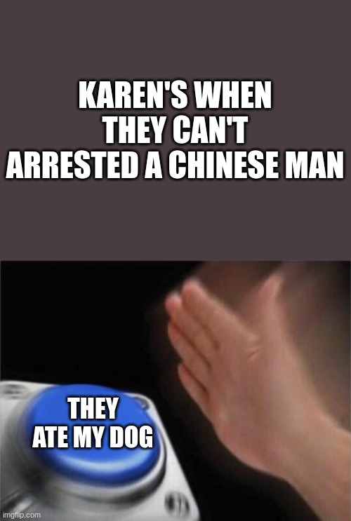 Blank Nut Button | KAREN'S WHEN THEY CAN'T ARRESTED A CHINESE MAN; THEY ATE MY DOG | image tagged in memes,blank nut button | made w/ Imgflip meme maker