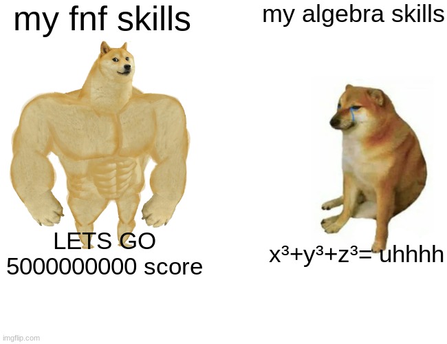 Buff Doge vs. Cheems Meme | my fnf skills; my algebra skills; LETS GO 5000000000 score; x³+y³+z³= uhhhh | image tagged in memes,buff doge vs cheems | made w/ Imgflip meme maker