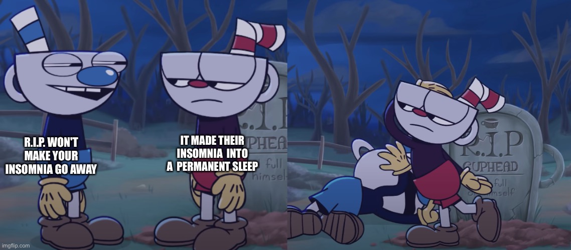 Insomnia | IT MADE THEIR INSOMNIA  INTO A  PERMANENT SLEEP; R.I.P. WON'T MAKE YOUR INSOMNIA GO AWAY | image tagged in cuphead slaps mugman | made w/ Imgflip meme maker