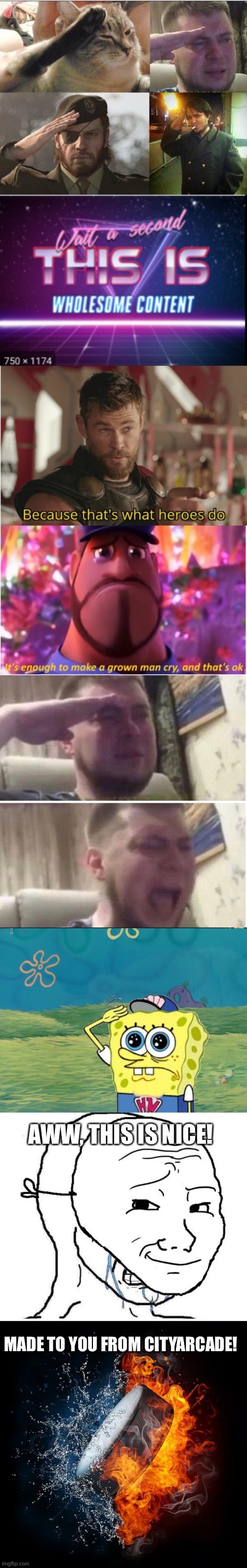 MADE TO YOU FROM CITYARCADE! AWW, THIS IS NICE! | image tagged in sad salute,wait a minute this is wholesome content,that s what heroes do,it's enough to make a grown man cry and that's ok | made w/ Imgflip meme maker