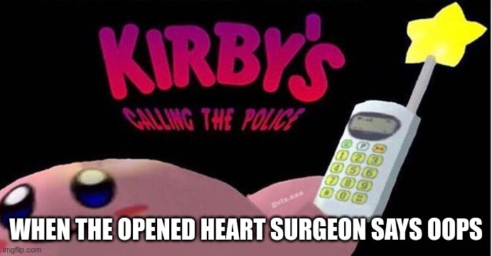Thats not good |  WHEN THE OPENED HEART SURGEON SAYS OOPS | image tagged in kirby's calling the police | made w/ Imgflip meme maker