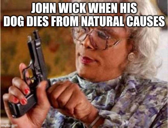 Madea | JOHN WICK WHEN HIS DOG DIES FROM NATURAL CAUSES | image tagged in madea | made w/ Imgflip meme maker