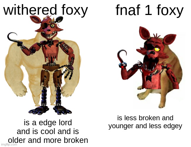 fnaf 1 foxy vs fnaf 2 foxy | withered foxy; fnaf 1 foxy; is less broken and younger and less edgey; is a edge lord and is cool and is older and more broken | image tagged in fnaf 1,fnaf 2,buff doge vs cheems | made w/ Imgflip meme maker