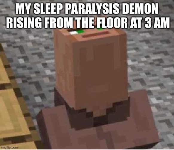 Minecraft Villager Looking Up | MY SLEEP PARALYSIS DEMON  RISING FROM THE FLOOR AT 3 AM | image tagged in minecraft villager looking up | made w/ Imgflip meme maker