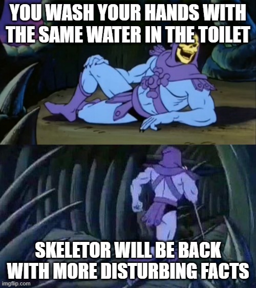 free anise |  YOU WASH YOUR HANDS WITH THE SAME WATER IN THE TOILET; SKELETOR WILL BE BACK WITH MORE DISTURBING FACTS | image tagged in skeletor disturbing facts | made w/ Imgflip meme maker