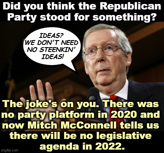 mitch mcconnell coming out  with his hands up | Did you think the Republican Party stood for something? IDEAS? 
WE DON'T NEED 
NO STEENKIN' 
IDEAS! The joke's on you. There was 
no party platform in 2020 and 
now Mitch McConnell tells us 
there will be no legislative 
agenda in 2022. | image tagged in mitch mcconnell coming out with his hands up,gop,republican party,empty,out of ideas,no ideas | made w/ Imgflip meme maker