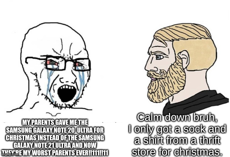 Soyboy Vs Yes Chad | Calm down bruh, I only got a sock and a shirt from a thrift store for christmas. MY PARENTS GAVE ME THE SAMSUNG GALAXY NOTE 20  ULTRA FOR CHRISTMAS INSTEAD OF THE SAMSUNG GALAXY NOTE 21 ULTRA AND NOW THEY'RE MY WORST PARENTS EVER!!111!!11 | image tagged in soyboy vs yes chad | made w/ Imgflip meme maker