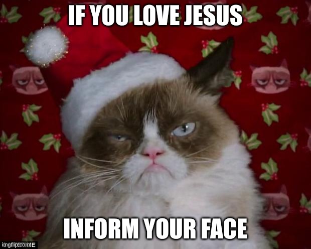 Jesus Cat | IF YOU LOVE JESUS; INFORM YOUR FACE | image tagged in grumpy cat christmas | made w/ Imgflip meme maker