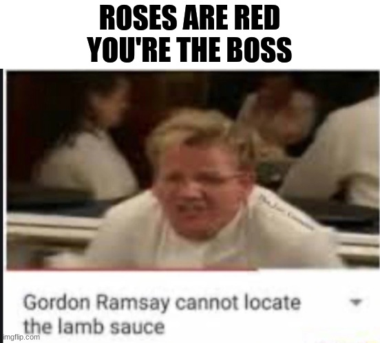 LAMB SAUCE | ROSES ARE RED
YOU'RE THE BOSS | image tagged in chef gordon ramsay,angry chef gordon ramsay,lamb sauce | made w/ Imgflip meme maker