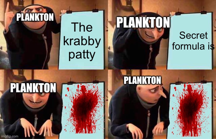 Spongebob plankton episodes be like | PLANKTON; PLANKTON; The krabby patty; Secret formula is; PLANKTON; PLANKTON | image tagged in memes,gru's plan | made w/ Imgflip meme maker