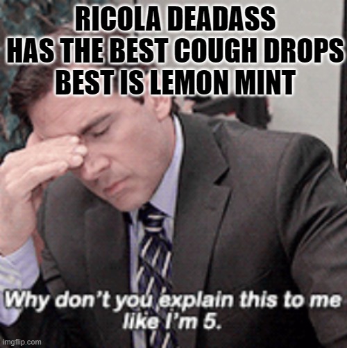 Why don't you explain this to me like I'm 5 | RICOLA DEADASS HAS THE BEST COUGH DROPS
BEST IS LEMON MINT | image tagged in why don't you explain this to me like i'm 5 | made w/ Imgflip meme maker