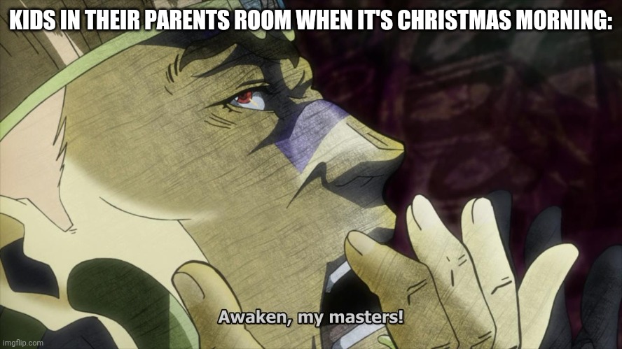 Awaken, my masters! | KIDS IN THEIR PARENTS ROOM WHEN IT'S CHRISTMAS MORNING: | image tagged in awaken my masters | made w/ Imgflip meme maker