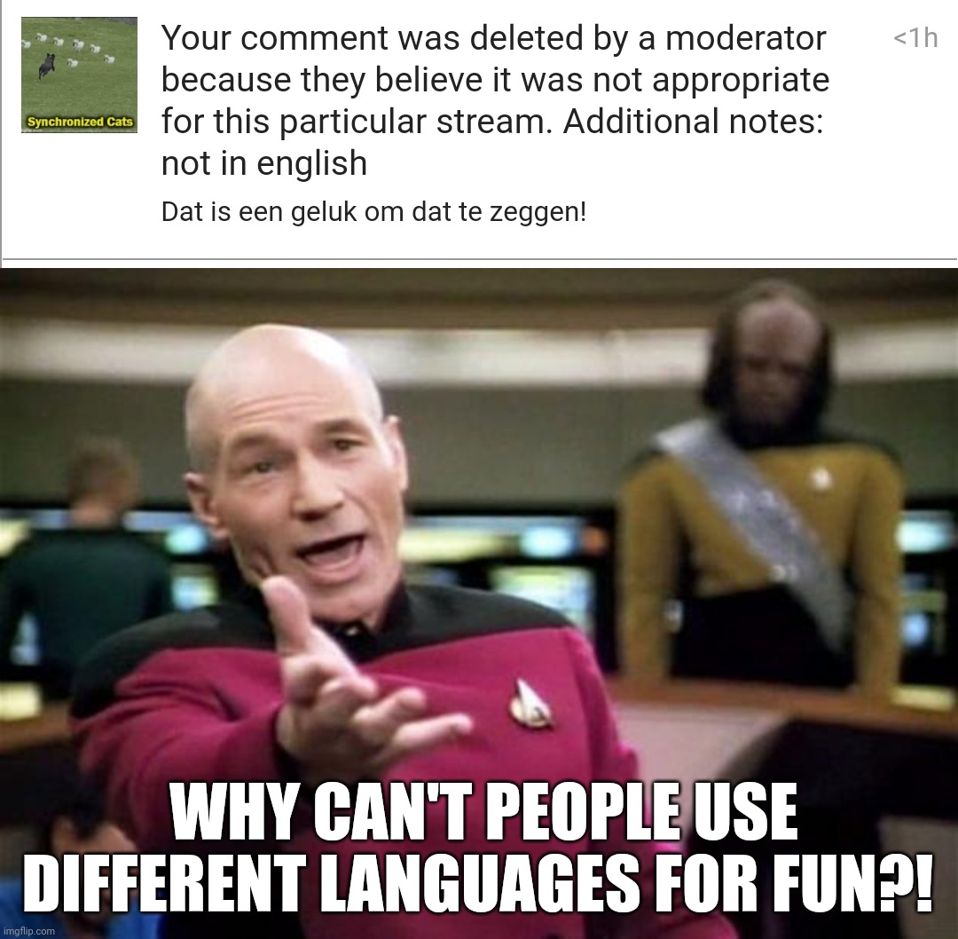 I was chatting a Dutch user and why can't we use it?! Can we just spare users who are multilingual? | WHY CAN'T PEOPLE USE DIFFERENT LANGUAGES FOR FUN?! | image tagged in startrek,multilingual,comments,comment deleted,dutch | made w/ Imgflip meme maker