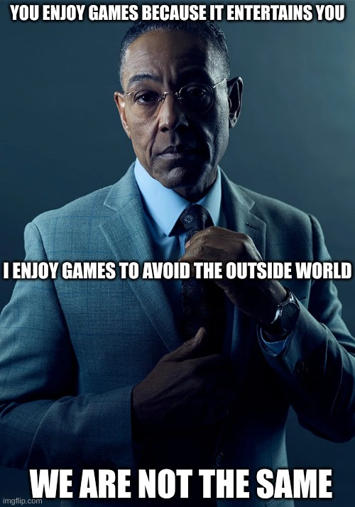 We are not the same | YOU ENJOY GAMES BECAUSE IT ENTERTAINS YOU; I ENJOY GAMES TO AVOID THE OUTSIDE WORLD; WE ARE NOT THE SAME | image tagged in we are not the same | made w/ Imgflip meme maker