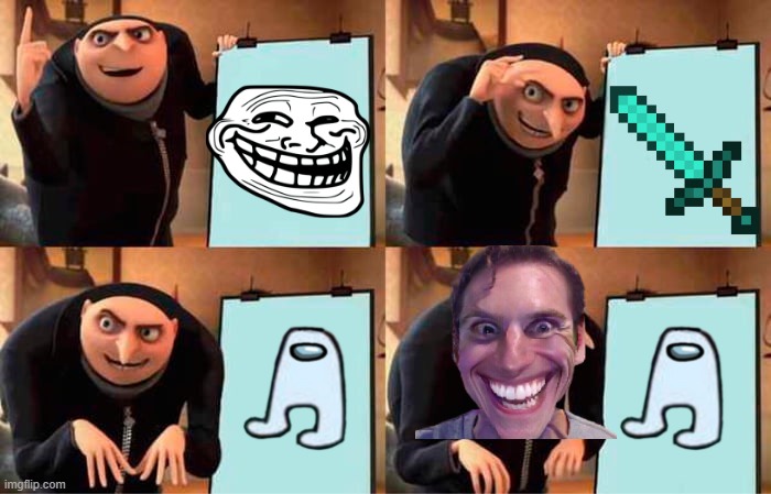 Gru examines Imgfilp stickers | image tagged in gru's plan,sus,amogus,troll | made w/ Imgflip meme maker