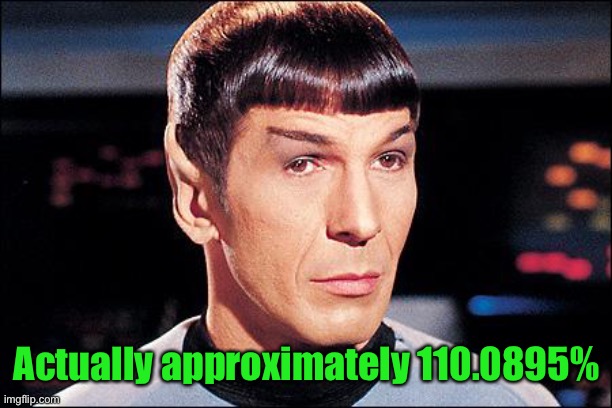 Condescending Spock | Actually approximately 110.0895% | image tagged in condescending spock | made w/ Imgflip meme maker