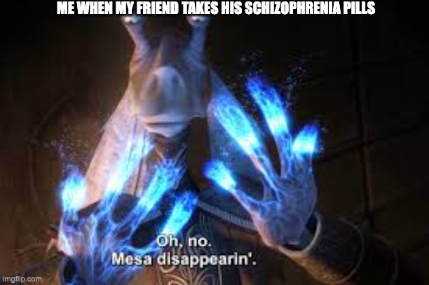 oh no mesa disappearing | ME WHEN MY FRIEND TAKES HIS SCHIZOPHRENIA PILLS | image tagged in oh no mesa disappearing | made w/ Imgflip meme maker